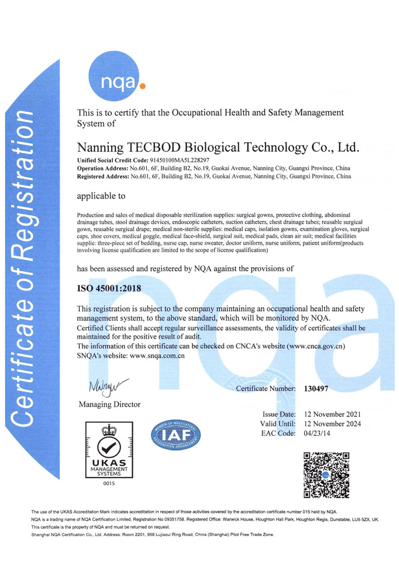 Certificate for ISO 45001 2018 TECBOD Occupational Health & Safety Management System