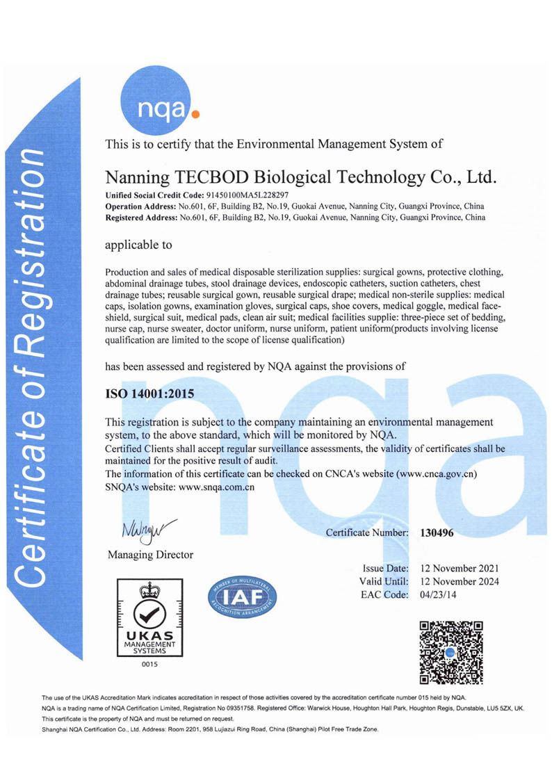 Certificate for ISO 14001 2015 TECBOD Environmental Management System