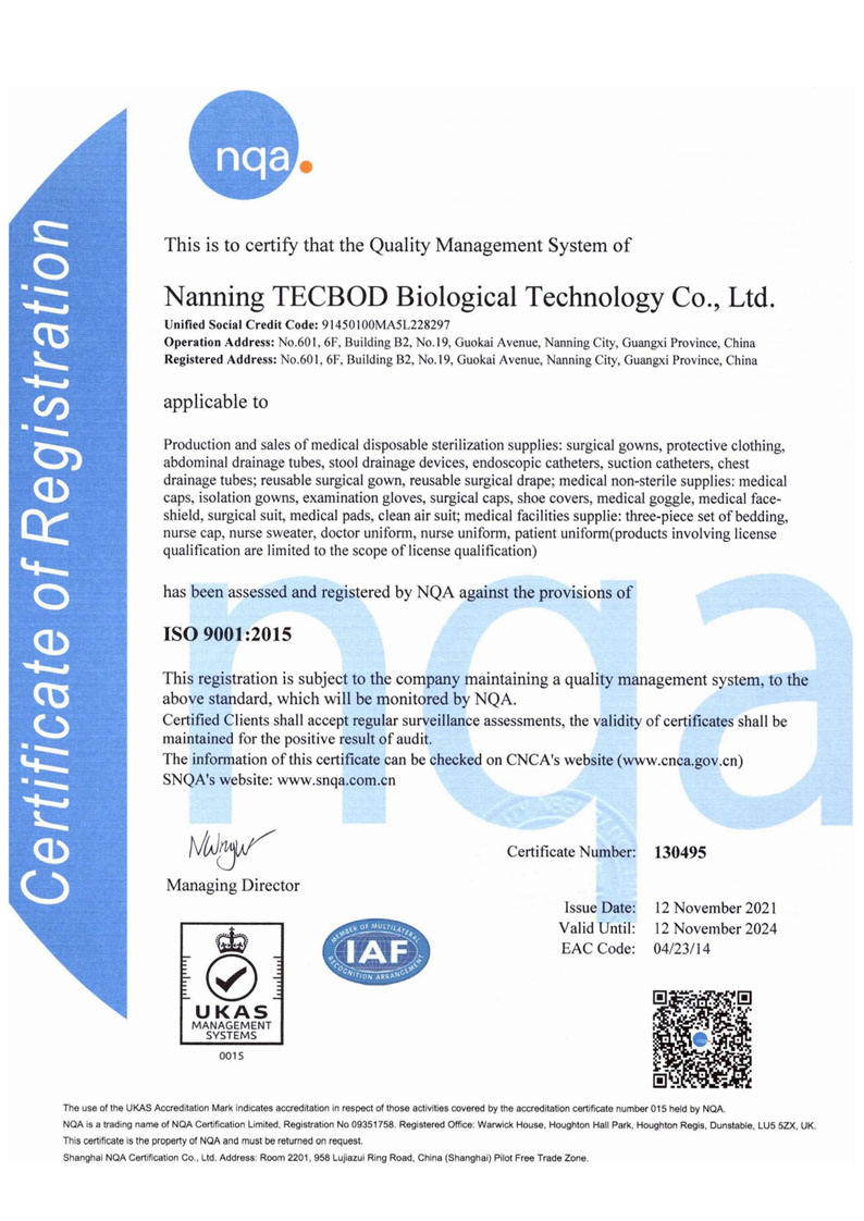 Certificate for ISO 9001:2015 TECBOD Medical Product Quality Management System