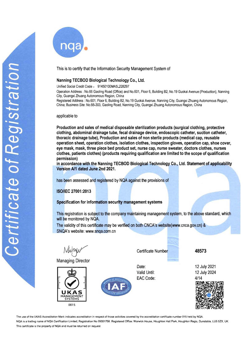Certificate for ISO/IEC 27001:2013 Information Security Management System